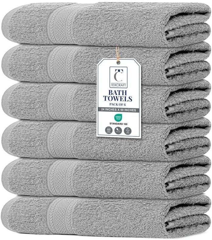 TEXCRAFT Large Bath Towels Set of 6 – 100% Cotton Terry – 24" x 50"...