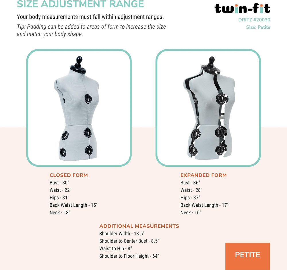 Dritz Twin-Fit Adjustable Dress Form for Sewing, Petite Sizes, US 00-4