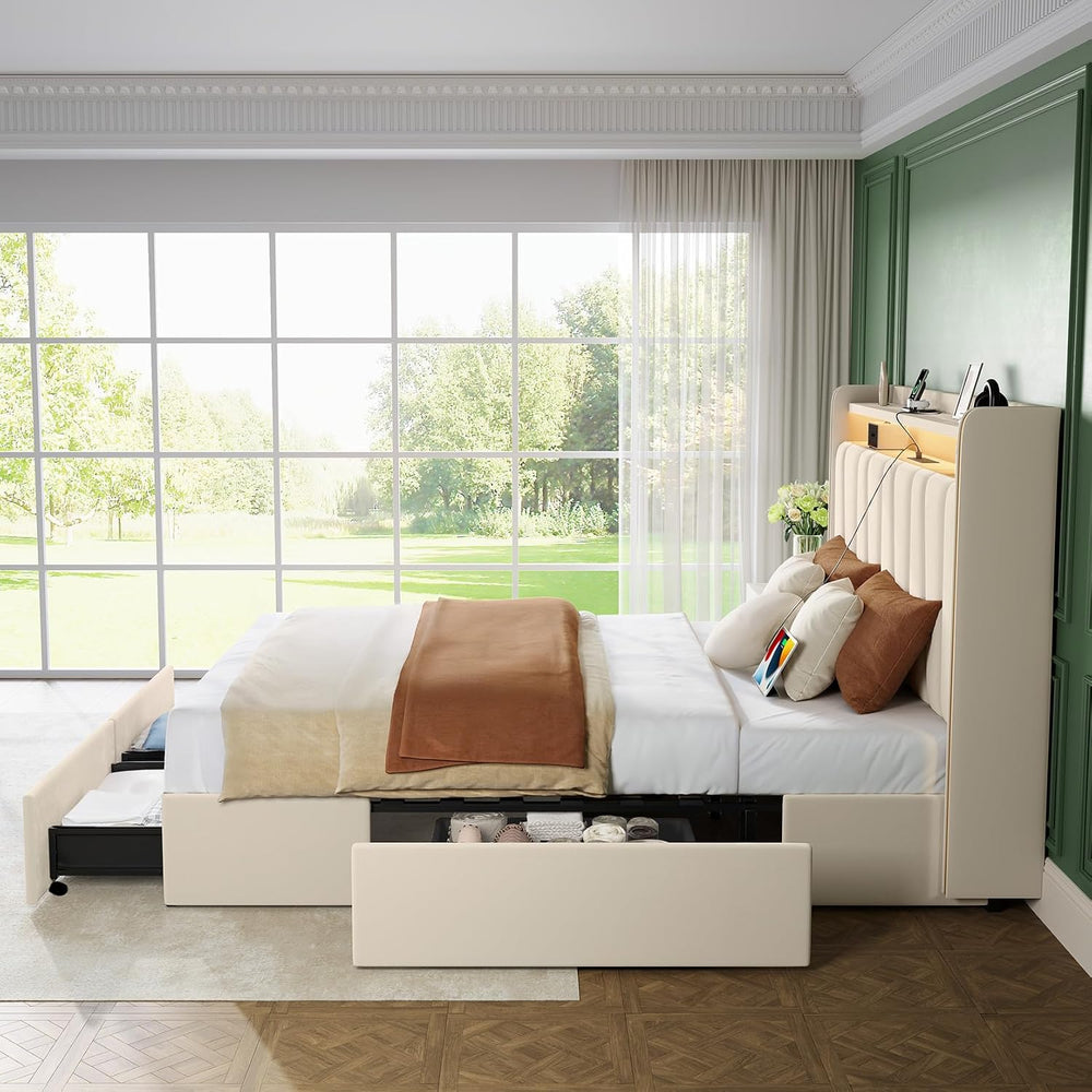 Full Size Bed Frame 4 Storage Drawers,Upholstered Headboard LED & Charging
