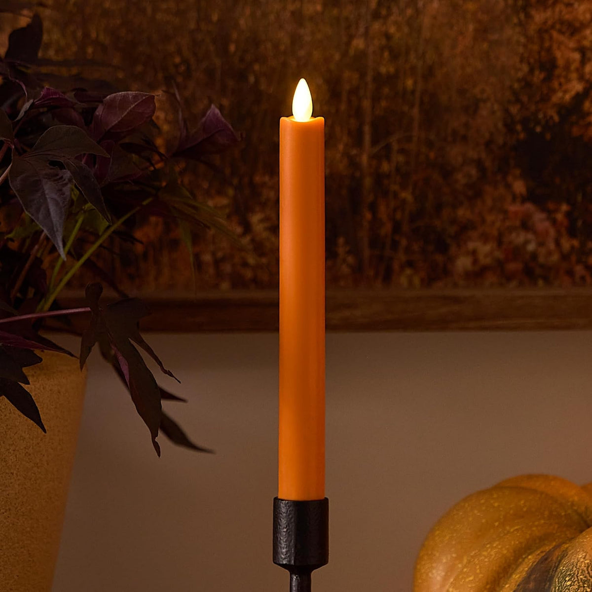 Luminara Taper, 1" x 9.5" AA Battery Wax Flameless Candle w/Timer, Remote Available Russet Orange Flickering White LED Light Flame, Home Decor for Halloween Fall Indoor Candlestick Decoration