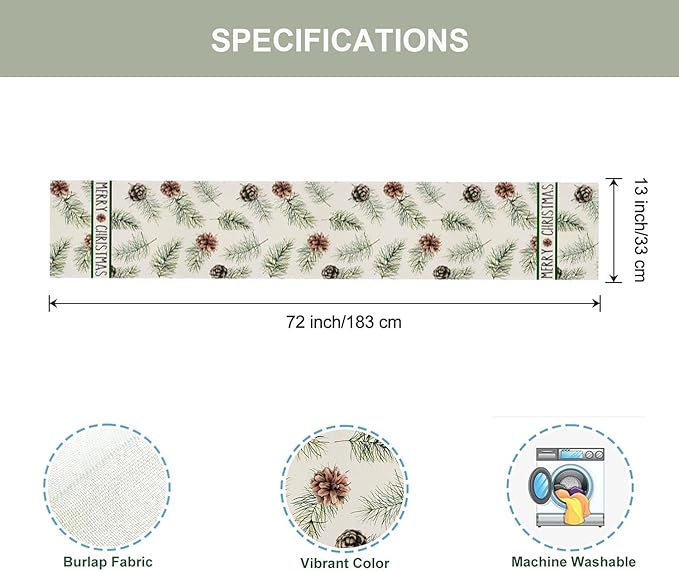 Pine Cones Christmas Table Runner 13x72 Inch Winter Pinecone Branches Merry - Image 6