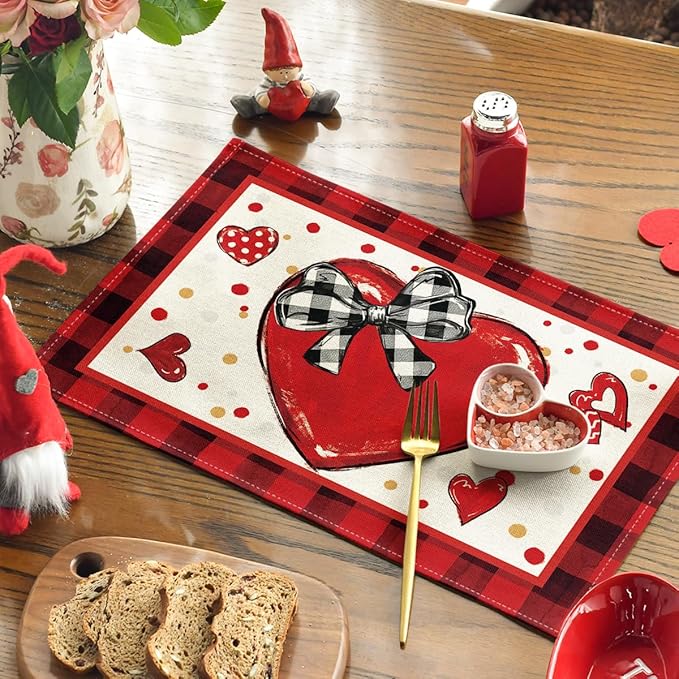 Artoid Mode Bow Tie Heart Valentine Placemats Set of 4, 12x18 Inch Seasonal Red - Image 3