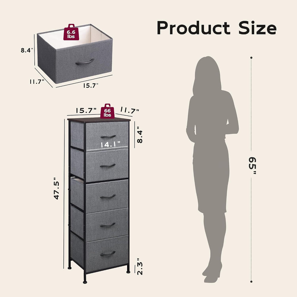 WLIVE Tall Dresser for Bedroom, 5 Drawer Dresser, Dark Grey