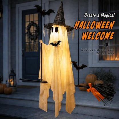 Halloween Ghost Decor, 60 inch, with Witch Hat and Broom, 8 Lighting Modes