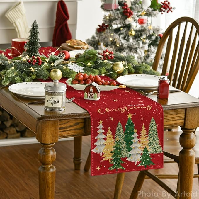 Artoid Mode Xmas Trees Merry Christmas Table Runner, Seasonal Winter Red - Image 4