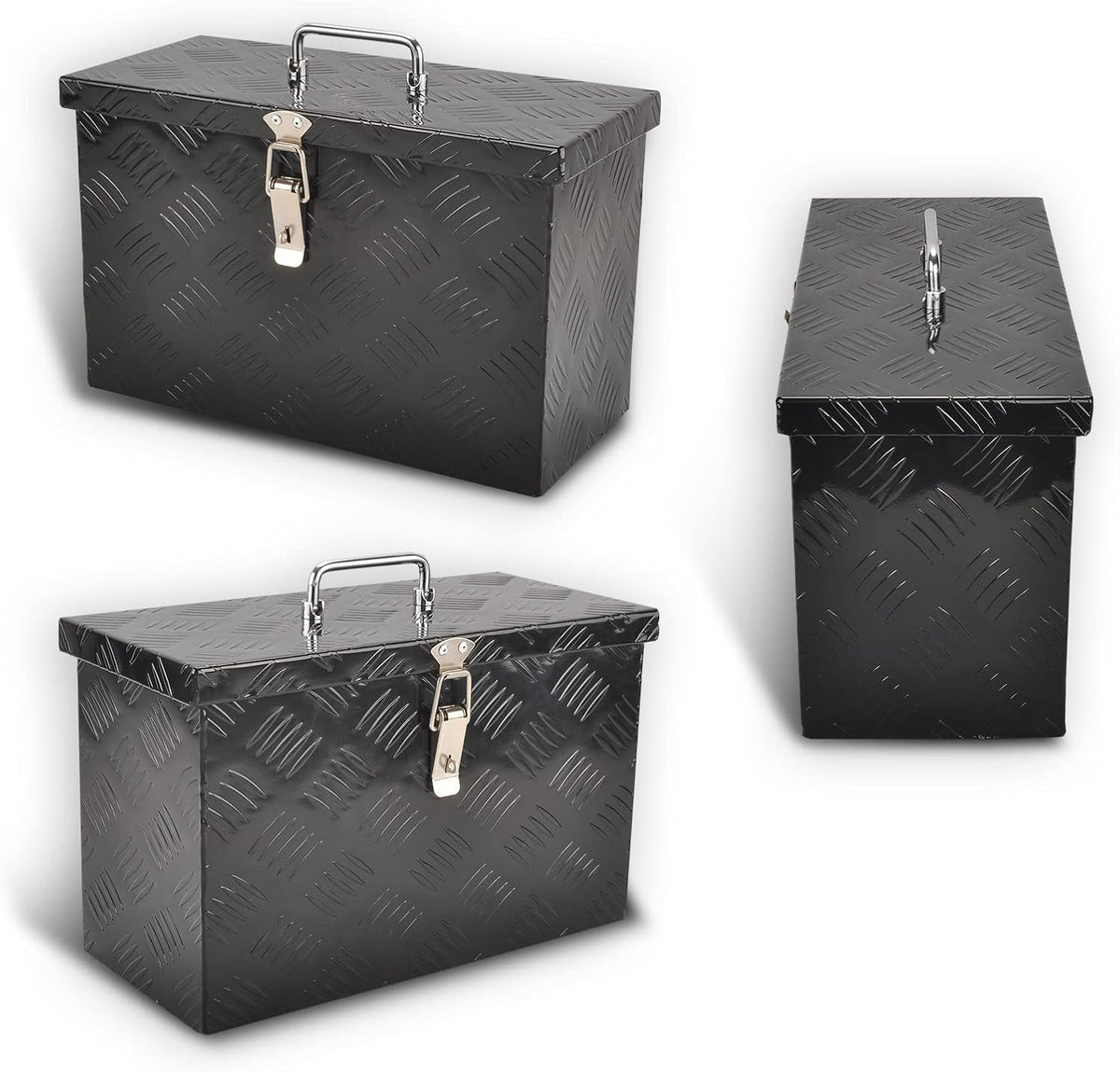 aluminum truck tool box with top handle, black(16"×7.5"×10"), front angle view
