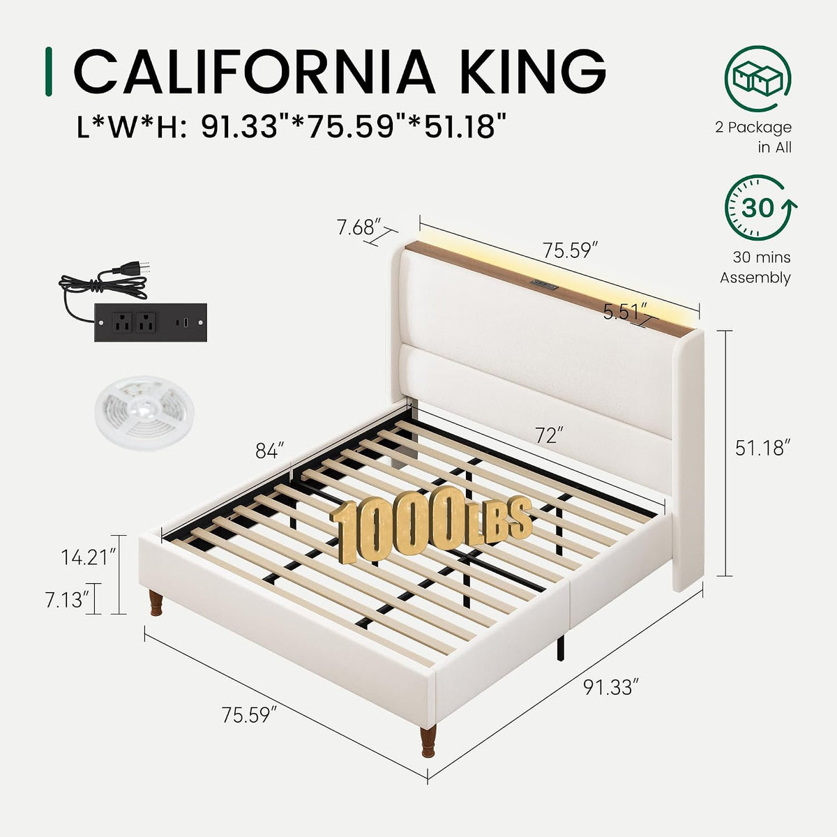 larmace california king size bed frame with led shown in use