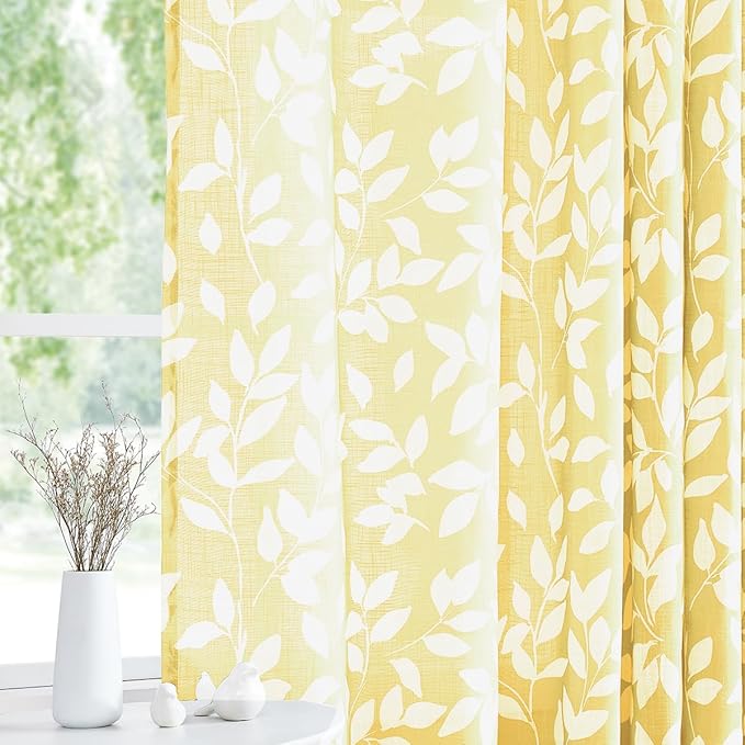 White and Yellow Leaf Curtains for Living Room 72" Length Print Semi-Sheer by Treatmentex