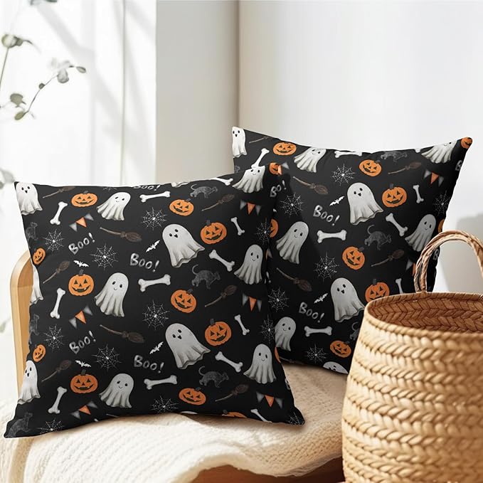 Halloween Throw Pillow Covers 24X24 Inch 2 Packs Boo Cute Ghost Orange Pumpkins - Image 5