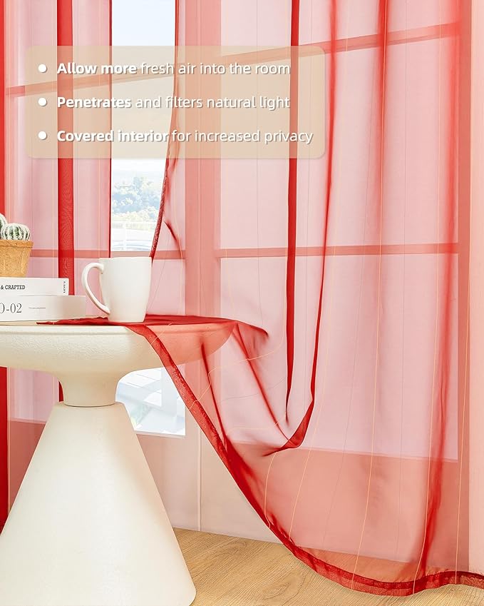 Foil Stripe Red Sheer Curtains 84 inches Length 2 Panels - Image 3