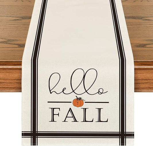 Artoid Mode Hello Fall Pumpkin Table Runner, Seasonal Harvest Vintage by ArtoidMode