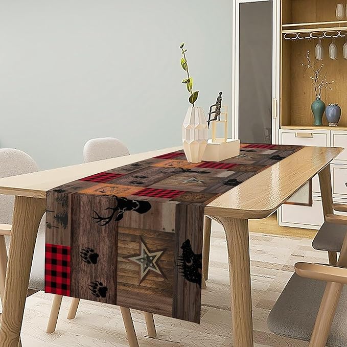 Vintage Bear Deer Table Runner, Rustic Western Farmhouse Hunting Theme Wildlife - Image 3