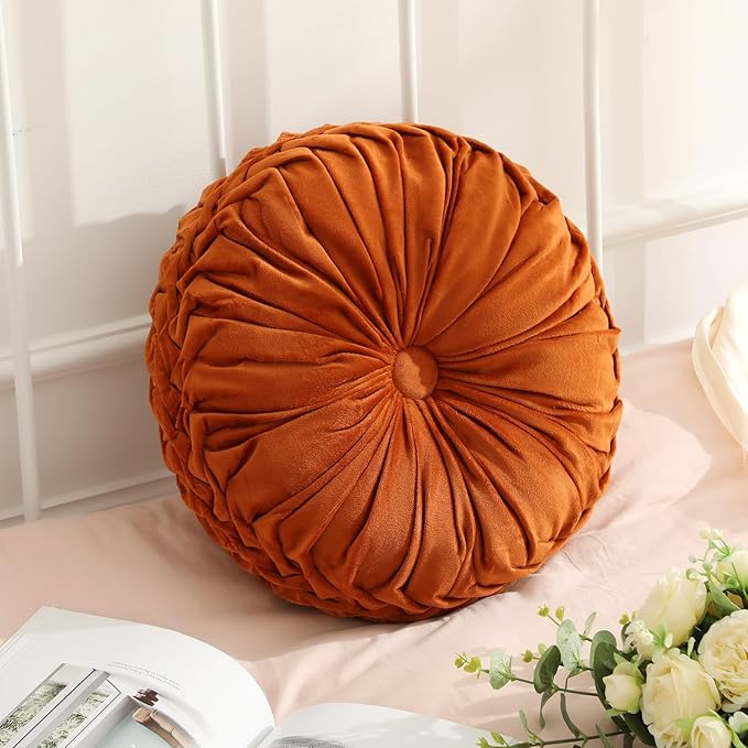 1 Pcs Round Throw Pillows Decorative Velvet Pleated Throw Pillows 15'' Diameter by Drydiet