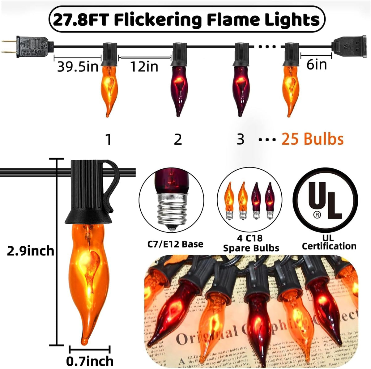 27.8Ft Orange and Purple Halloween Lights Flame String Lights, Spooky Flicker Flame Lights String with 25 + 4 Orange Purple C18 Bulbs, for Halloween Home Fireplace Yard Party Indoor Outdoor Decor
