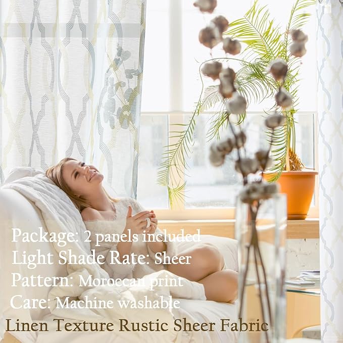 Gold Yellow Grey Moroccan Semi Sheer Curtains 54 Inches Long 52''W, Light - Image 5