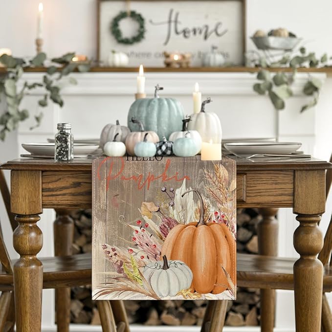 Artoid Mode Wood Hello Pumpkin Leaves 210 GSM Fall Table Runner, Seasonal - Image 2