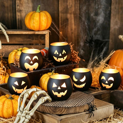 SHMILMH Halloween Table Centerpiece Candle Holders Set of 12, Black and Gold Glass Votive Holder with 6 Grimace, Tealight Holders Bulk for Halloween Party Decor