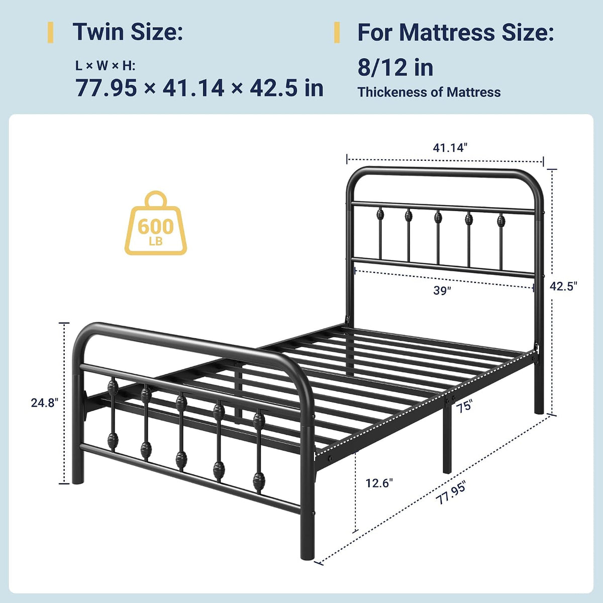 allewie 14 inches twin size metal platform bed shown in use