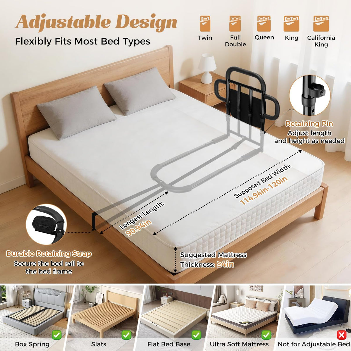 heavy duty bed rail for elderly adults with showing dimensions