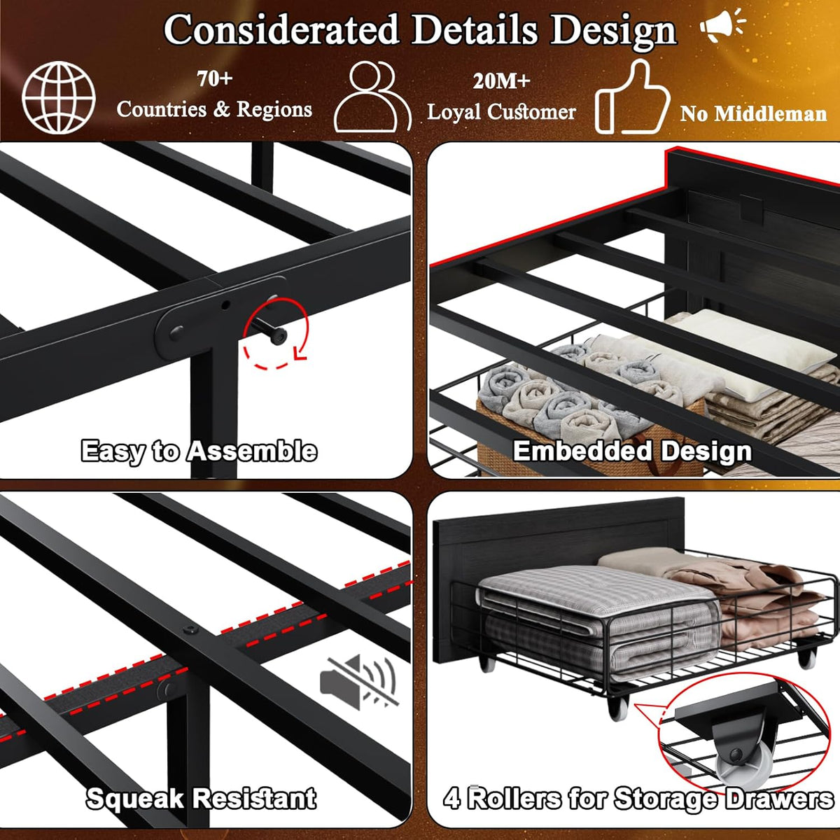 full bed frame with storage headboard, farmhouse platform showing dimensions