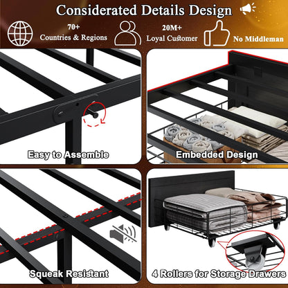 full bed frame with storage headboard, farmhouse platform showing dimensions