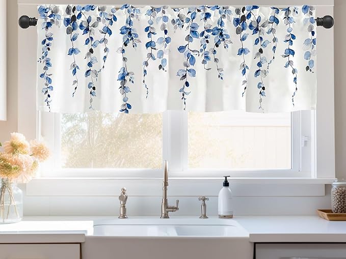Watercolor Blue Leaves Window Valance - Image 2