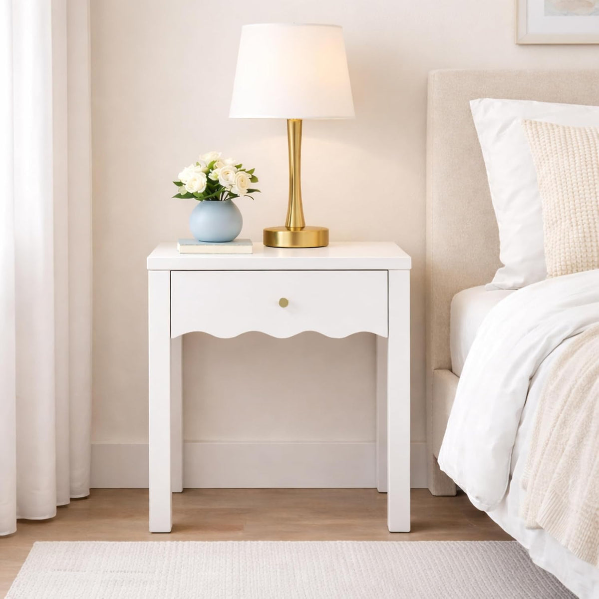 girls nightstand with drawer, cute scalloped bedside table, main product view