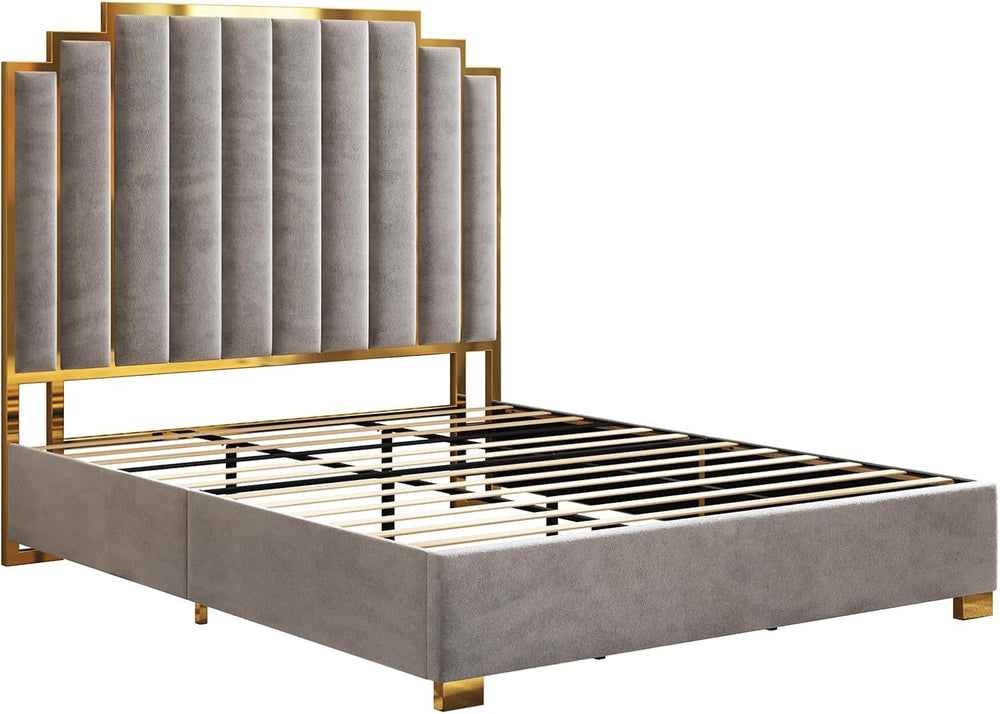 AMERLIFE King Size Velvet Upholstered Bed with Gold Trim Headboard, Grey