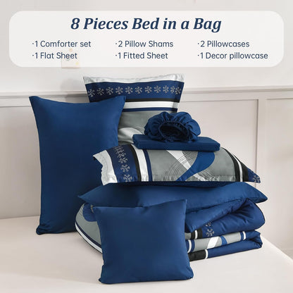 anibedding king size comforter set,navy blue boho bed showing dimensions