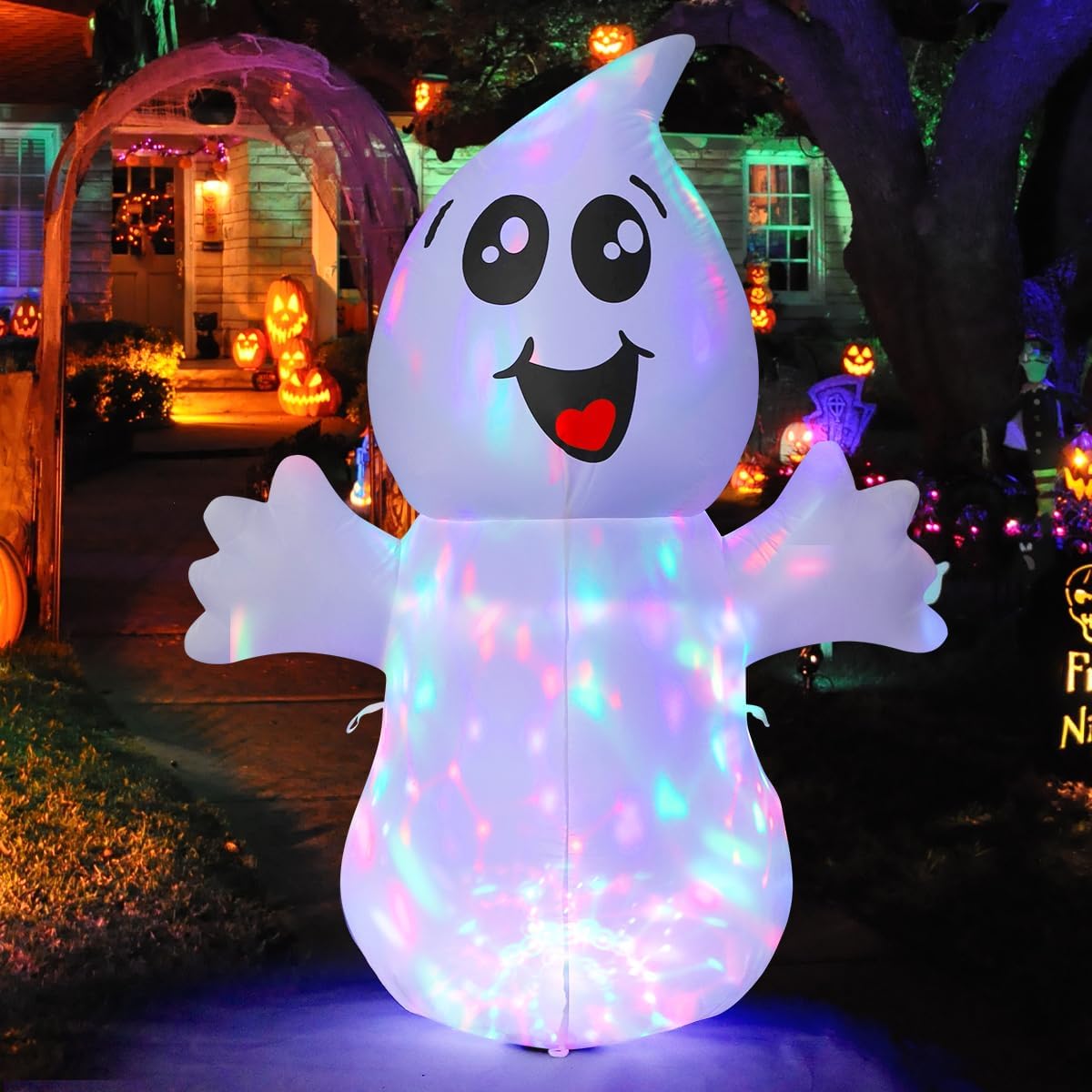GOOSH 5 FT Halloween Inflatable Ghost Outdoor Decoration with Magic Light, Blow Up Yard Decoration with Built-in LEDs for Garden Lawn Indoor Party Holiday Decor