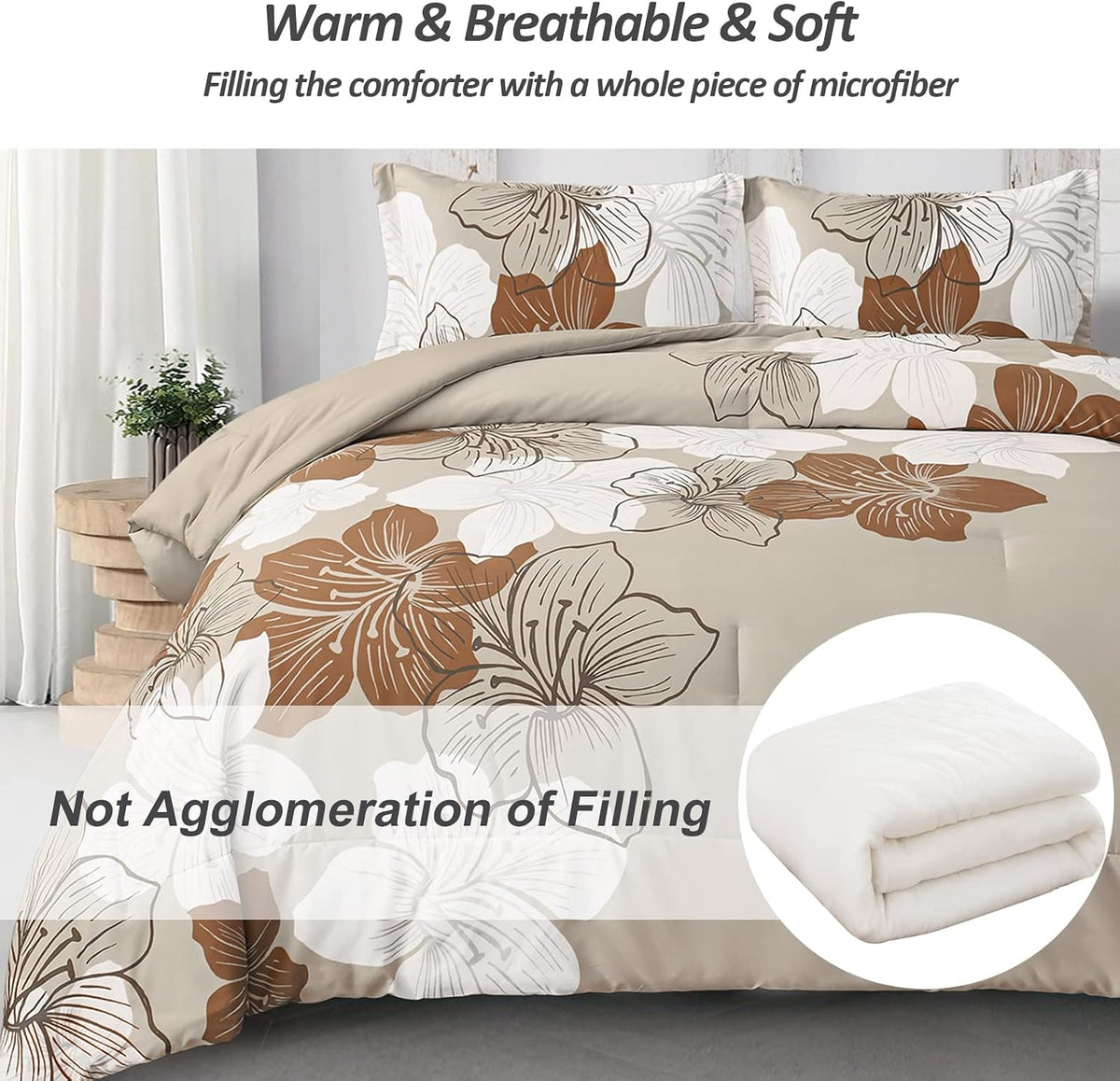 menghomeus brown floral comforter set, 3 piece california, close-up detail