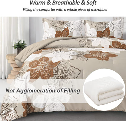 menghomeus brown floral comforter set, 3 piece california, close-up detail