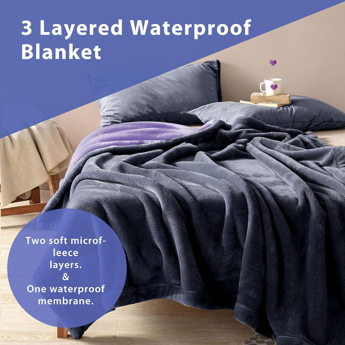 waterproof reversible bed blanket 80"x60", stain-proof cover, grey/violet shown in use