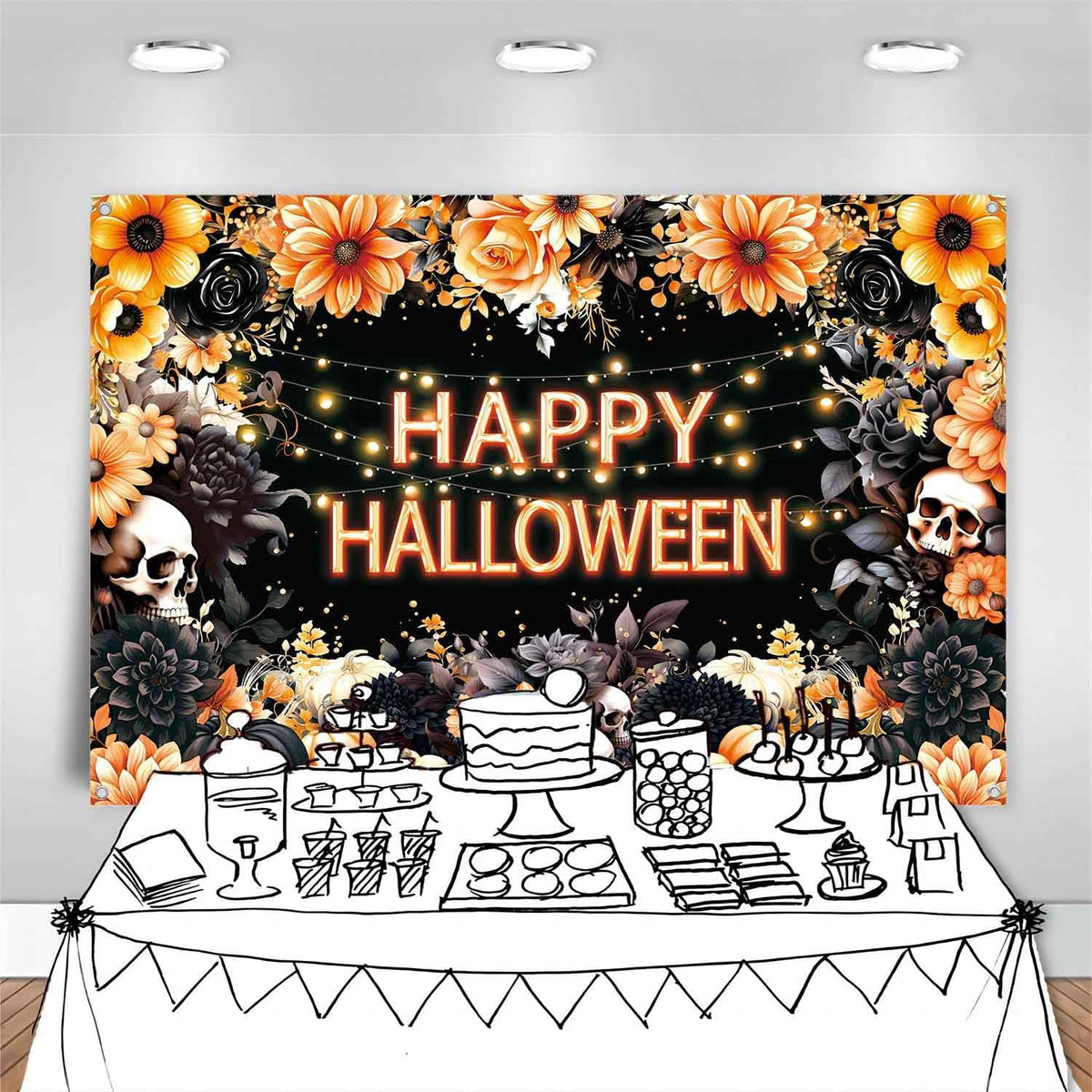 8x6ft Floral Happy Halloween Backdrop Spooky Flower Skull Photography Background Large Black Orange Halloween Party Decorations Wall Banner Indoor Outdoor Photo Booth Props