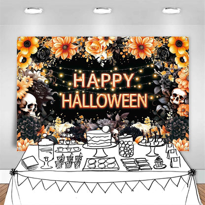 8x6ft Floral Happy Halloween Backdrop Spooky Flower Skull Photography Background Large Black Orange Halloween Party Decorations Wall Banner Indoor Outdoor Photo Booth Props