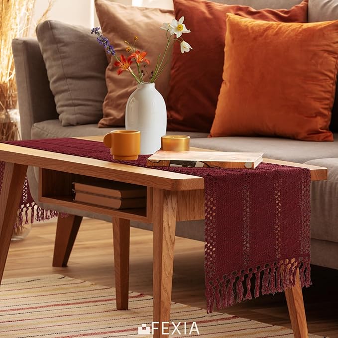 Burgundy Red Table Runner with Tassels 90 Inches Long - Image 5