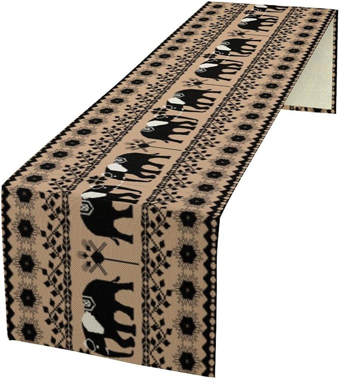 Abstract African Tribe Table Runner Elephant Animals Folk Graphic Art by ShiTingYu