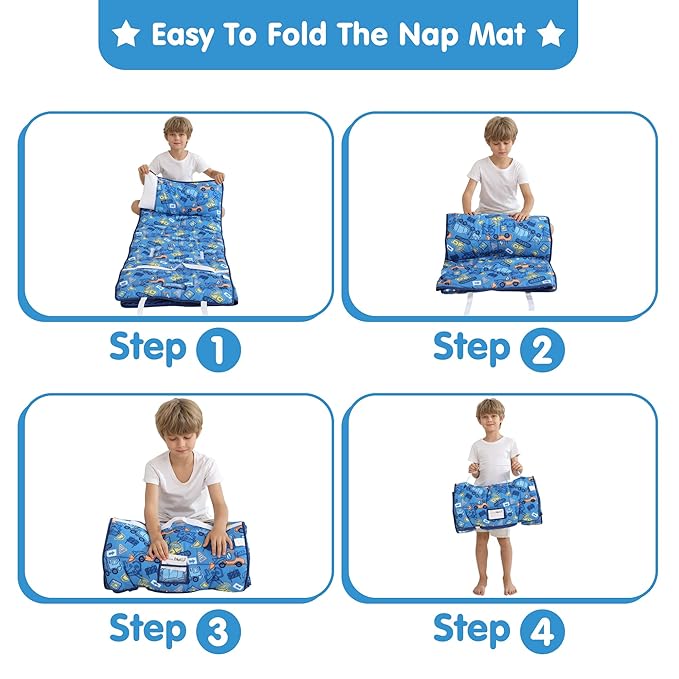 Viviland Toddler Kid Nap Mat for Preschool, Boys Blue Car Slumber Bag, Daycare - Image 5