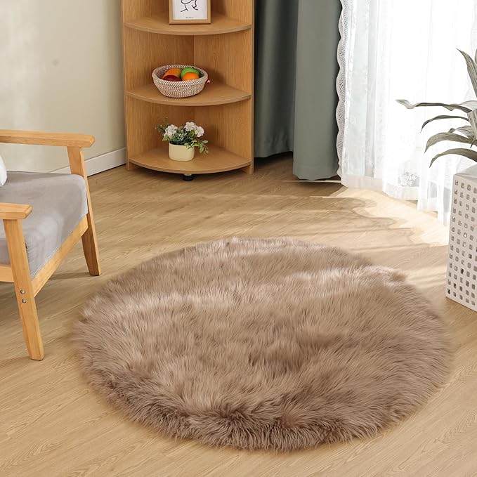 Latepis Circle Rugs for Bedroom 3ft Brown Beige Round Shag Faux Fur Rug - Image 2