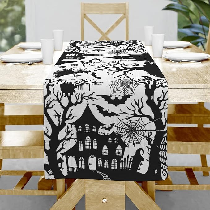 Halloween Spider Pumpkin Table Runner, Linen Farmhouse Table Runner, Dresser by Hliyty