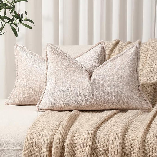Pack of 2 Tan Decorative Throw Pillow Covers 12x20 Cozy Soft Chenille Accent by DEZENE