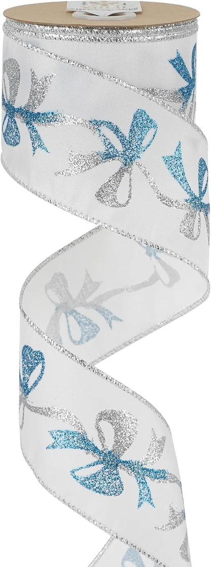 MEEDEE Blue and Silver Christmas Ribbon 2.5 Inch White Satin Ribbons by MEEDEE