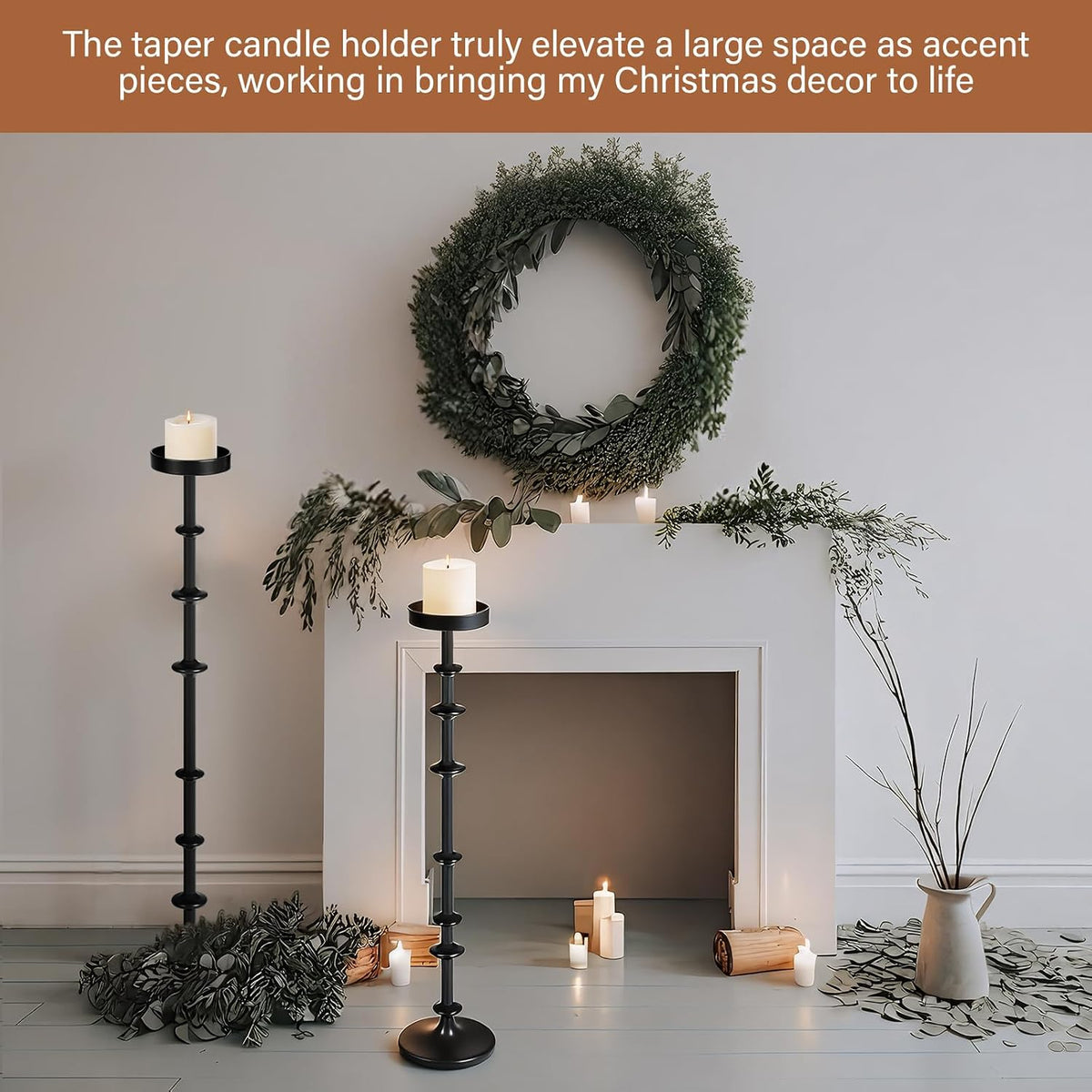 Maxdot Black Metal Pillar Candle Holder 36" 29" Tall Decorative Taper Candle Stand Set of 2 Floor Candlestick Holder Large Metal Black for Christmas Halloween Living Room