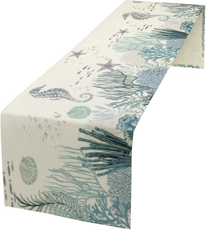 Nautical Coastal Table Runner Vintage Nautical Beach Starfish Seashell Blue by moderw