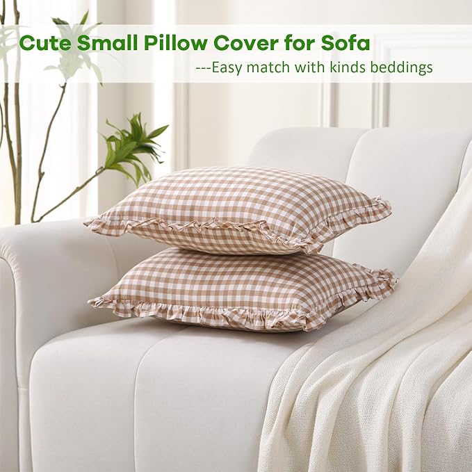 2 Pack Taupe Plaid Ruffle Gingham Lumbar Throw Pillow Shams, 100% Washed Cotton - Image 3