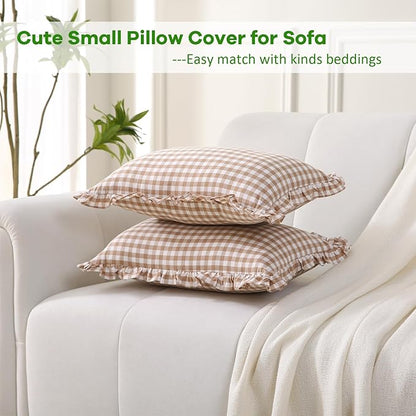 2 Pack Taupe Plaid Ruffle Gingham Lumbar Throw Pillow Shams, 100% Washed Cotton - Image 3