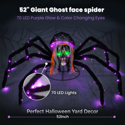 52" Halloween Giant Skull Face Spider, Lighted Outdoor Decoration with Flashing Red & Green Eyes, 70 LED Glowing Spider for Yard, Lawn, Porch, Haunted House Decor (52" Floor-Standing)