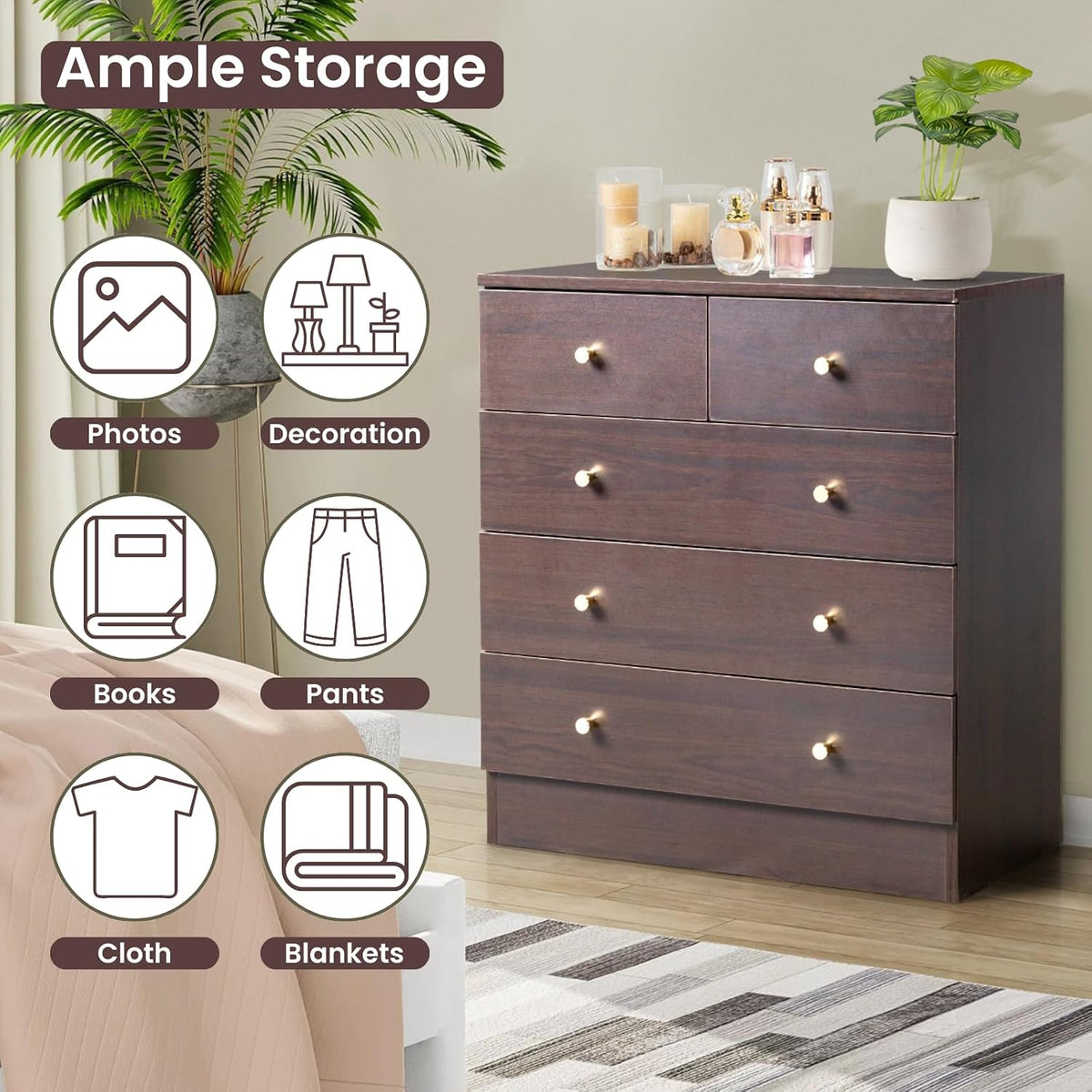 karl home brown 5 drawer dresser, rose gold showing dimensions