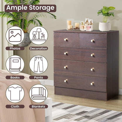 karl home brown 5 drawer dresser, rose gold showing dimensions