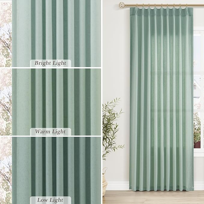 Aqua Green Pinch Pleated Linen Curtains 84 Inch Length 2 Panels - Image 4